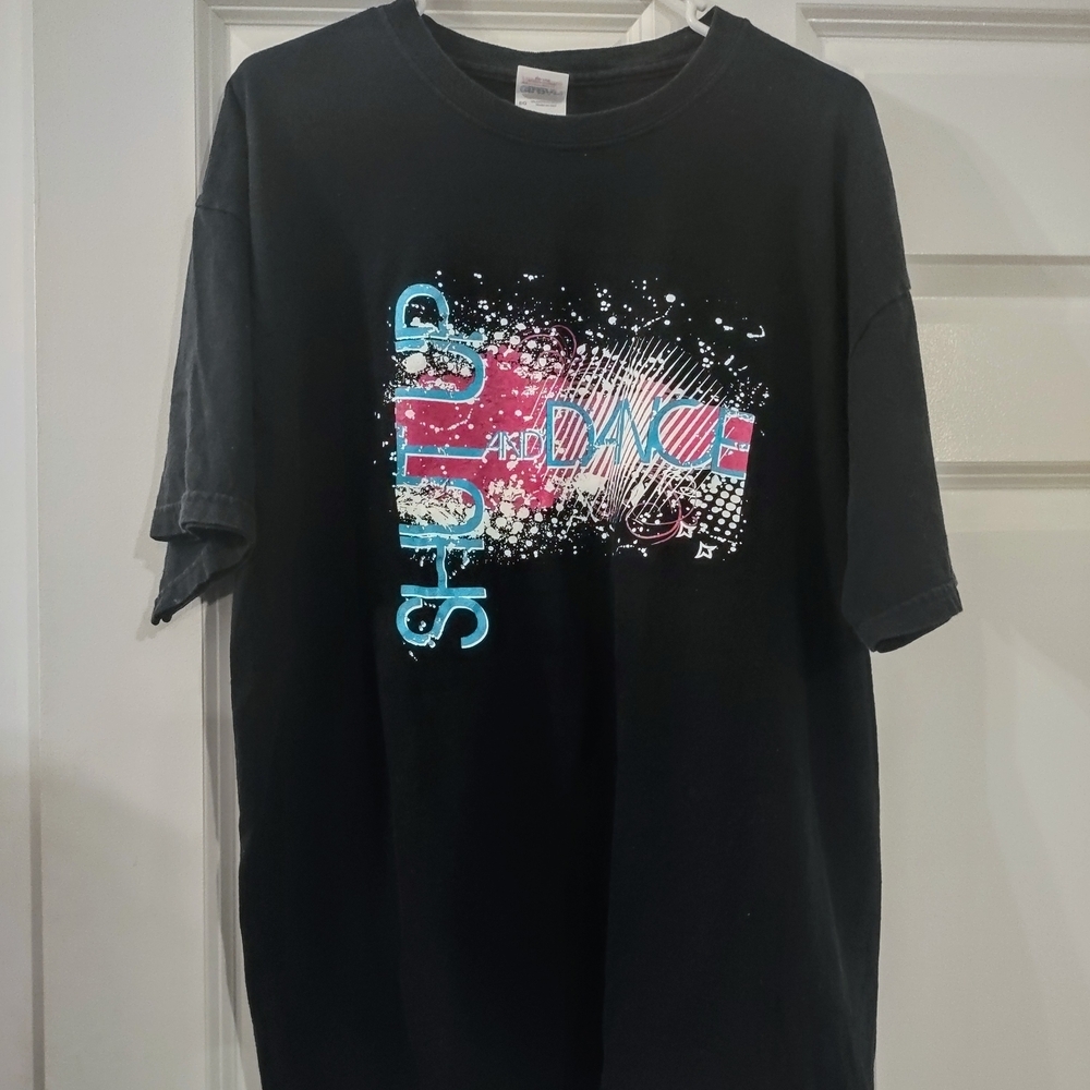 Gildan Black Tee with Pink and Blue Shut Up And Dance Graphic